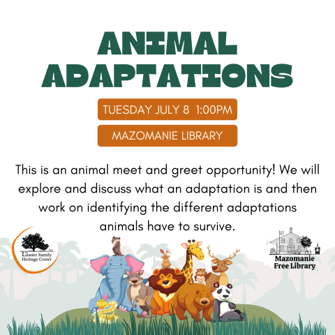 Animal Adaptations kids program, July 8 1:00 Mazomanie Library